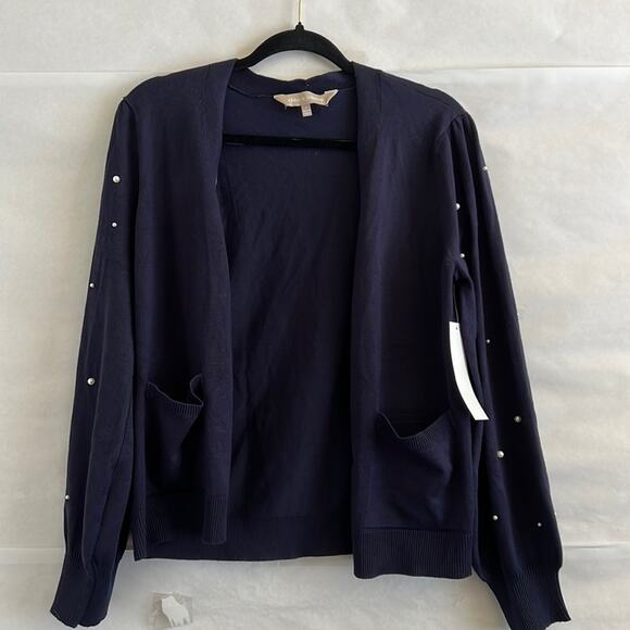 Chloe and Jasmine Pearl Cardigan Women’s Size M Navy Blue Sleeve Open Front READ - Picture 1 of 10